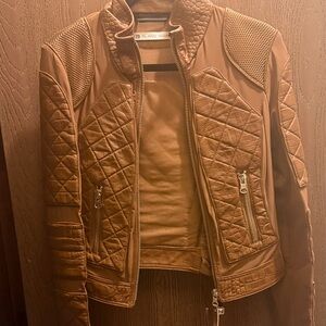 Blanc Noir Women's Brown Quilted Leather Moto Jacket